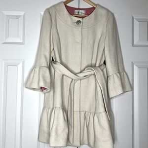 Beth Bowley Wool Blend 3/4 Sleeve Ruffle Coat Cream Metallic Thread Sz12